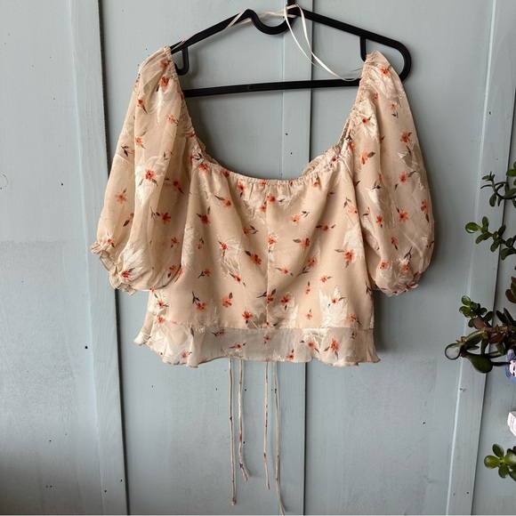 ACOA Orange Tan Puff Sleeve Front Tie Crop Blouse - Picture 5 of 5